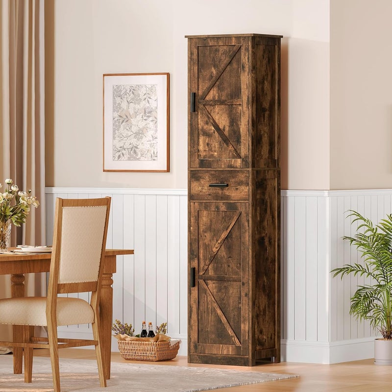 WEENFON Tall Bathroom Cabinet, Storage Cabinet with 6 Shelves & Drawer, Bathroom Storage Cabinet with Adjustable Shelves, Tall Cabinet for Living Room, Home Office, Rustic Brown - Image 5